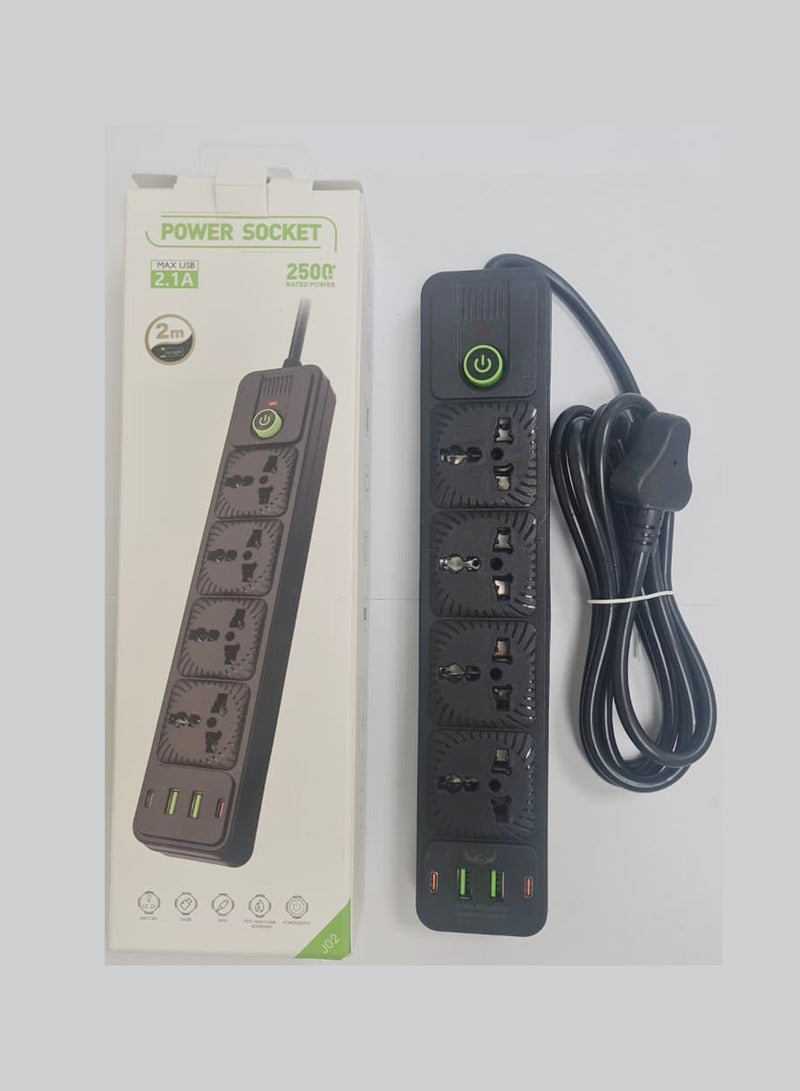 Lucky Hawk شريط تمديد الطاقة مع USB C و Micro USB، 4 منافذ 3 دبابيس، 2 منفذ PD Type-C و 2 منفذ Micro USB، 2500 واط، شريط طاقة مقاوم للاشتعال حتى 750 درجة مئوية مع مفتاح، سلك تمديد بطول 2 متر، محطة شحن مثبتة على الحائط باللون الأسود - Image 4